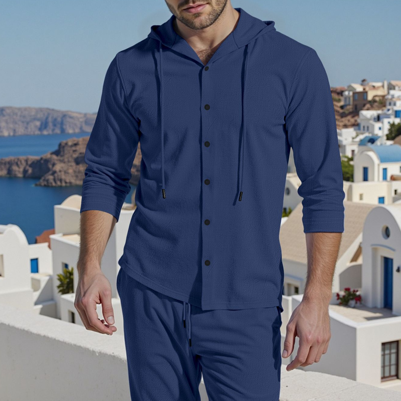 2-delat set med linne-tröja med huva och byxor för herr