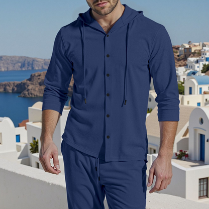 2-delat set med linne-tröja med huva och byxor för herr