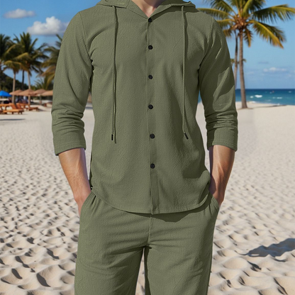 2-delat set med linne-tröja med huva och byxor för herr