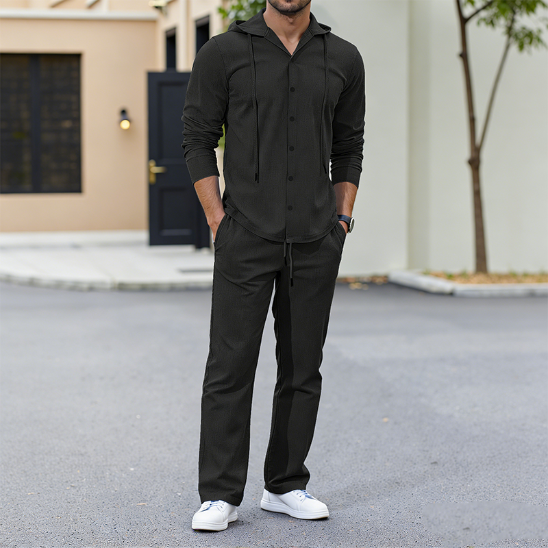 2-delat set med linne-tröja med huva och byxor för herr