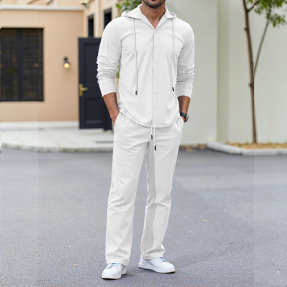 2-delat set med linne-tröja med huva och byxor för herr