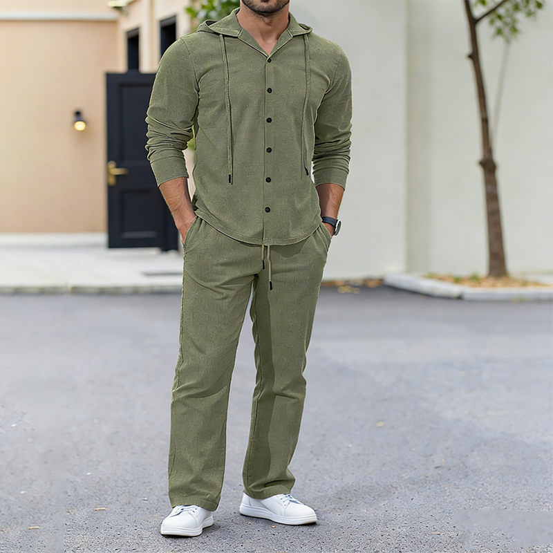 2-delat set med linne-tröja med huva och byxor för herr