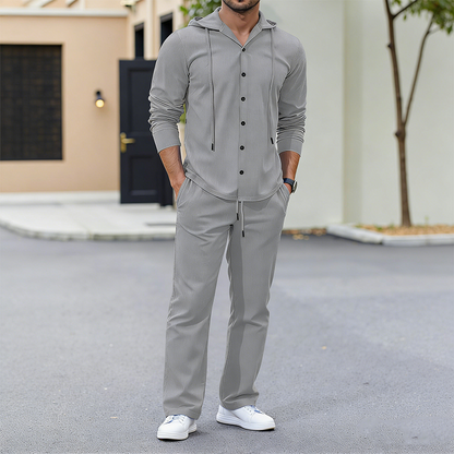 2-delat set med linne-tröja med huva och byxor för herr