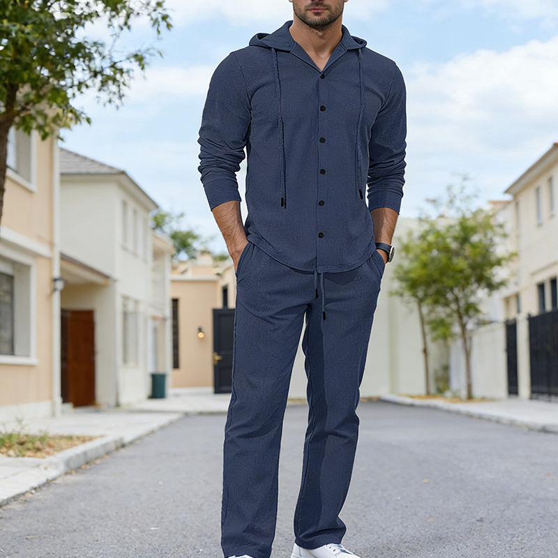 2-delat set med linne-tröja med huva och byxor för herr