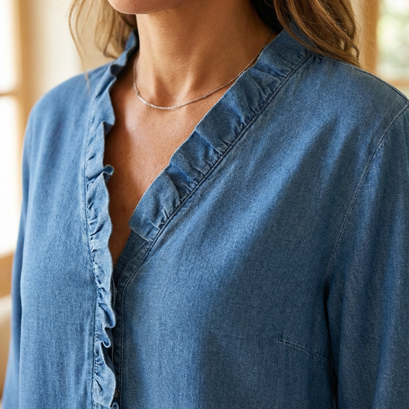 🔥📢 50 % RABATT!! 💃 Ruffleblus för damer – romantisk V-ringning, asymmetrisk fåll och andningsbart tyg ✨