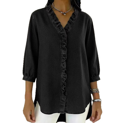 🔥📢 50 % RABATT!! 💃 Ruffleblus för damer – romantisk V-ringning, asymmetrisk fåll och andningsbart tyg ✨