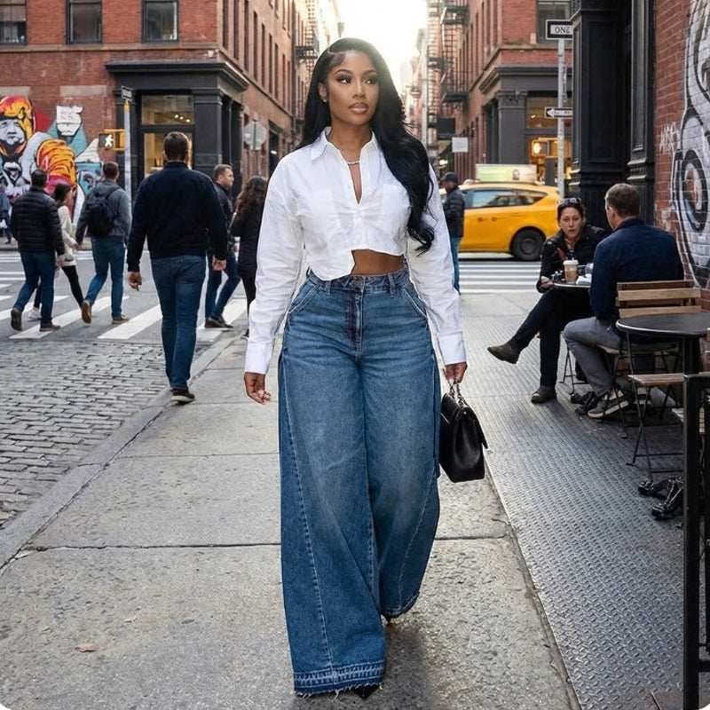 📢📢60 % rabatt!! ⏰Oversized jeans med hög midja och vida ben för dam