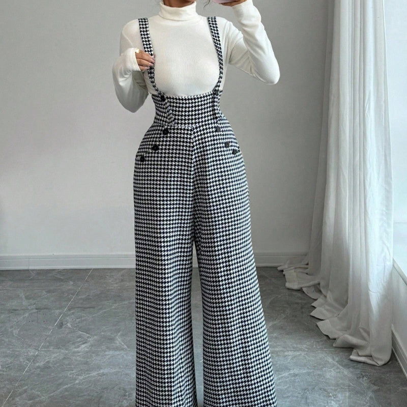 📢📢50 % RABATT!! ⏰ Högmidjade byxor med hängslen i hundtandsmönster – vid passform, vintageelegans och lång silhuett 🎀👖