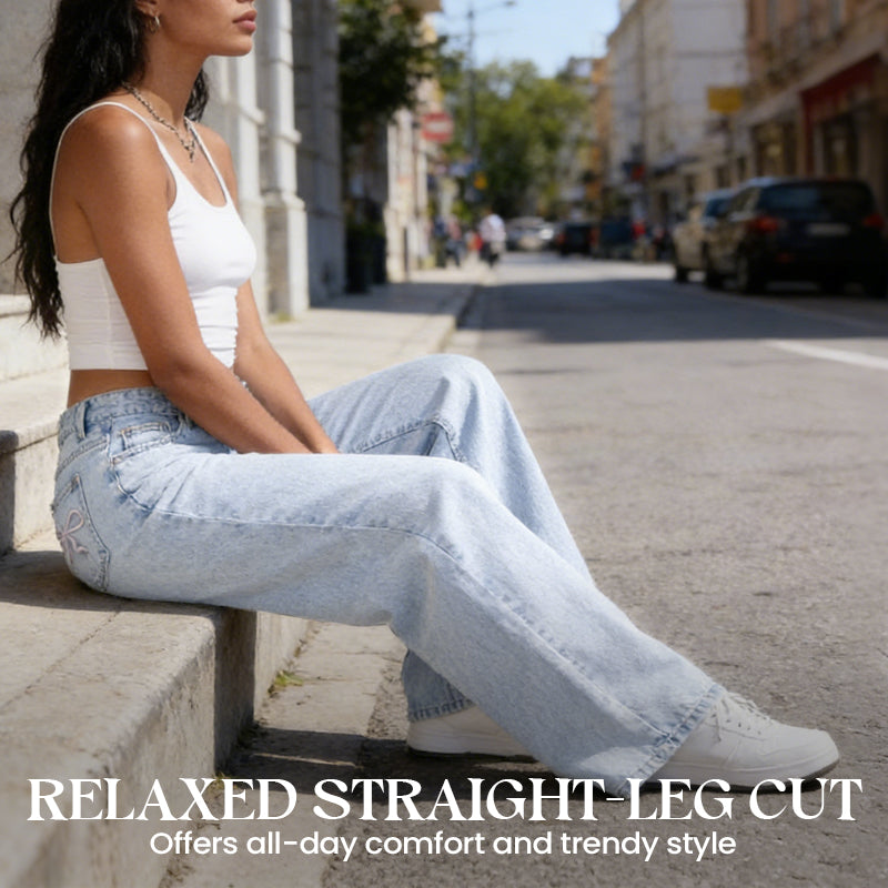 Bågbroderade jeans med hög midja och raka ben