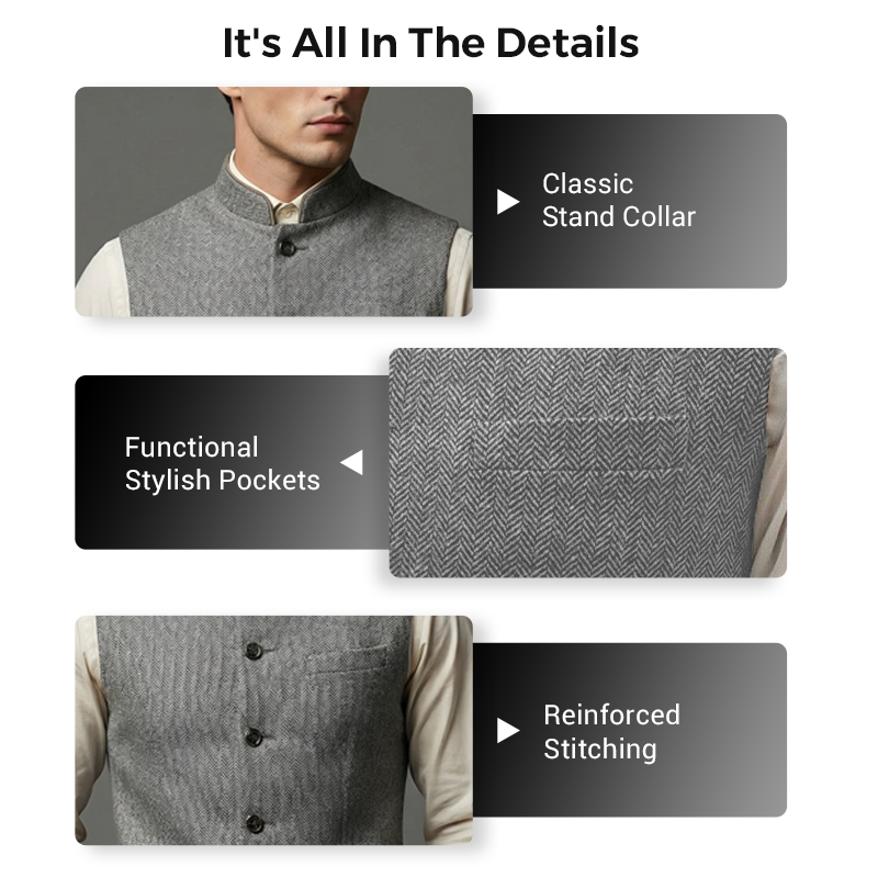 Herraväst med fiskbensmönster och hög krage