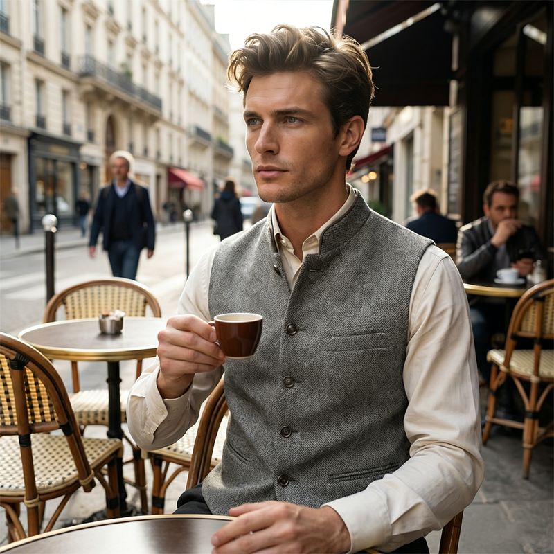 Herraväst med fiskbensmönster och hög krage