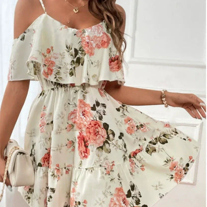 Boho-klänning med blommönster och bara axlar för damer