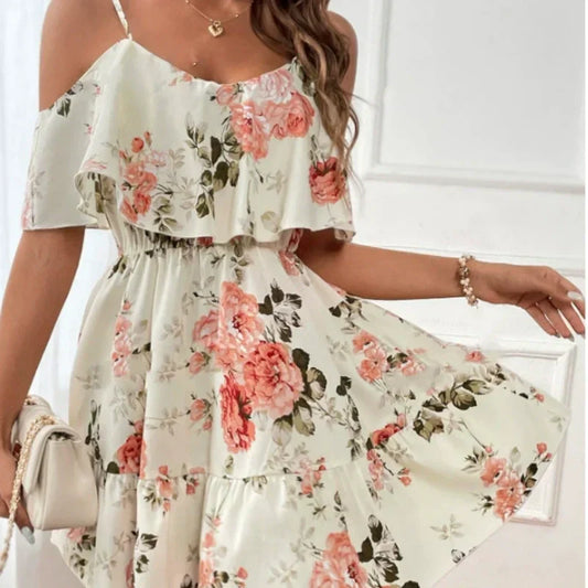 Boho-klänning med blommönster och bara axlar för damer