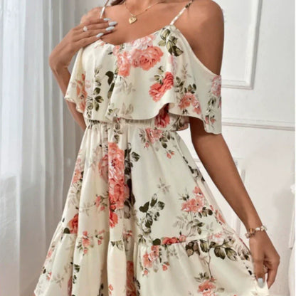 Boho-klänning med blommönster och bara axlar för damer