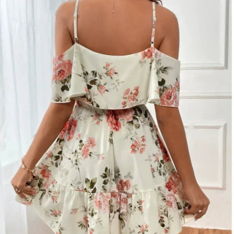 Boho-klänning med blommönster och bara axlar för damer