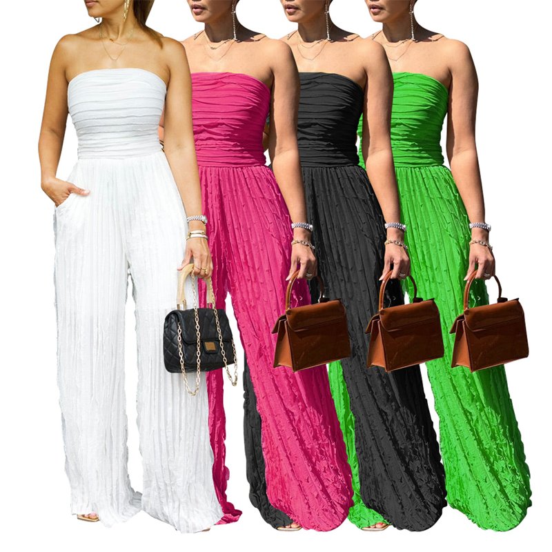 Strapeless skrynklig jumpsuit med vida ben