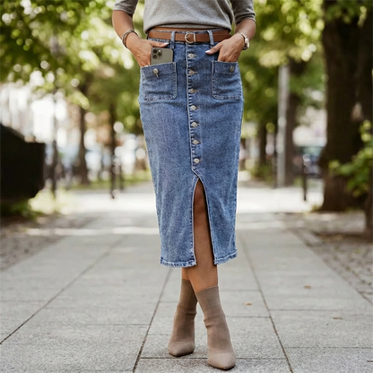 👗 60% RABATT! ⏳ Högmidjad Denimkjol med Knappar Fram – Klädsam A-linje, Justerbar passform & Klassisk stil 💙