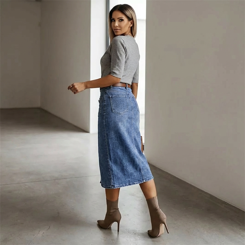 👗 60% RABATT! ⏳ Högmidjad Denimkjol med Knappar Fram – Klädsam A-linje, Justerbar passform & Klassisk stil 💙