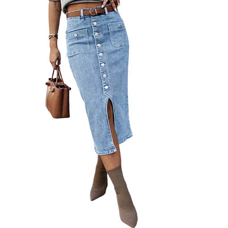 👗 60% RABATT! ⏳ Högmidjad Denimkjol med Knappar Fram – Klädsam A-linje, Justerbar passform & Klassisk stil 💙