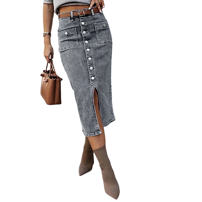 👗 60% RABATT! ⏳ Högmidjad Denimkjol med Knappar Fram – Klädsam A-linje, Justerbar passform & Klassisk stil 💙