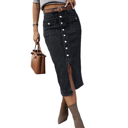 👗 60% RABATT! ⏳ Högmidjad Denimkjol med Knappar Fram – Klädsam A-linje, Justerbar passform & Klassisk stil 💙