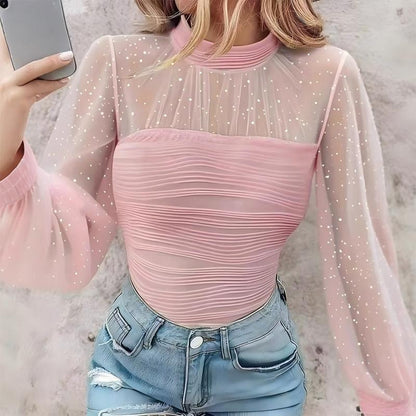 Top i transparent mesh med imiterade pärlor och lanternärmar