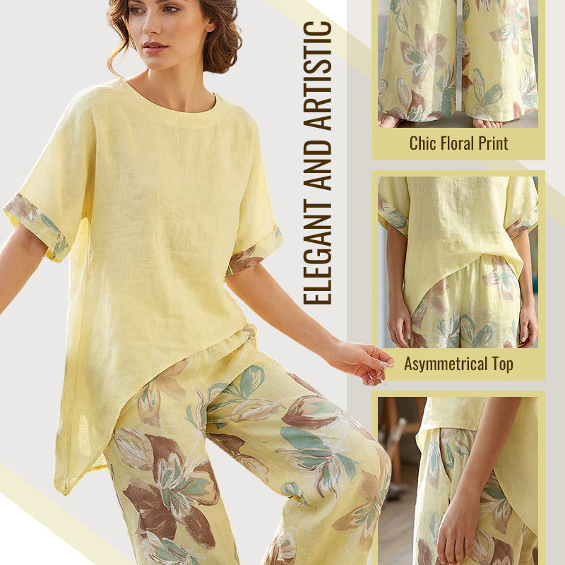 Asymmetrisk topp och blommiga byxor för damer, 2-delat set