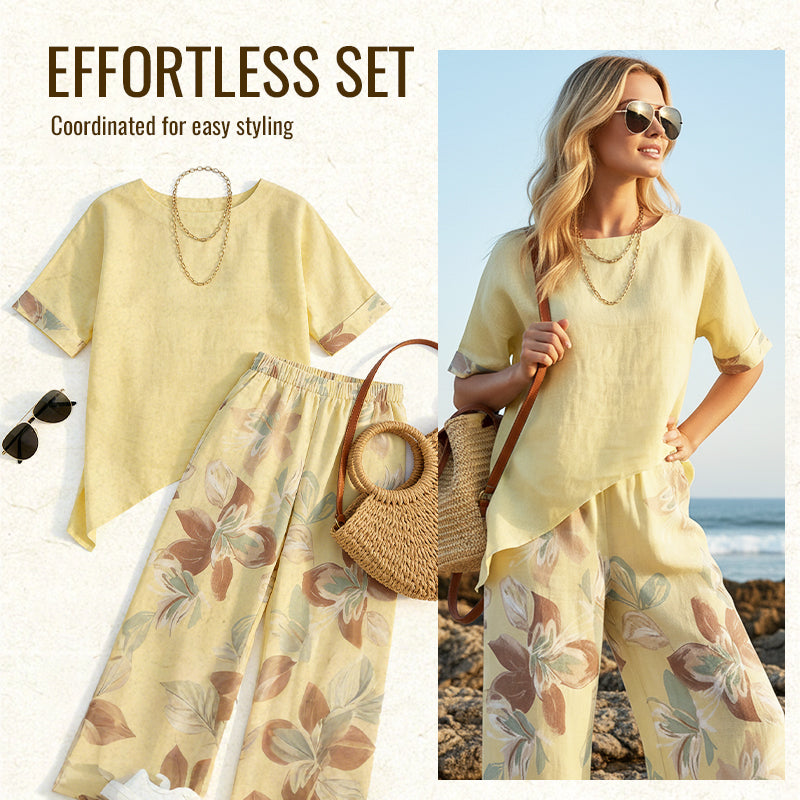 Asymmetrisk topp och blommiga byxor för damer, 2-delat set