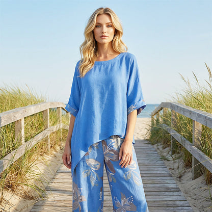 Asymmetrisk topp och blommiga byxor för damer, 2-delat set