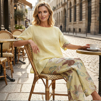 Asymmetrisk topp och blommiga byxor för damer, 2-delat set