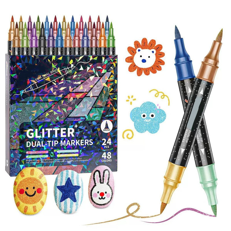 🎨✨ 50% RABATT! | 24-Färgers Dubbeländsglittermarkörset – Pensel & Fin Spets, Levande Glitter & Giftfritt!