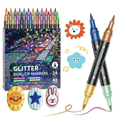 🎨✨ 50% RABATT! | 24-Färgers Dubbeländsglittermarkörset – Pensel & Fin Spets, Levande Glitter & Giftfritt!