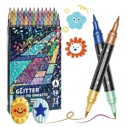 🎨✨ 50% RABATT! | 24-Färgers Dubbeländsglittermarkörset – Pensel & Fin Spets, Levande Glitter & Giftfritt!