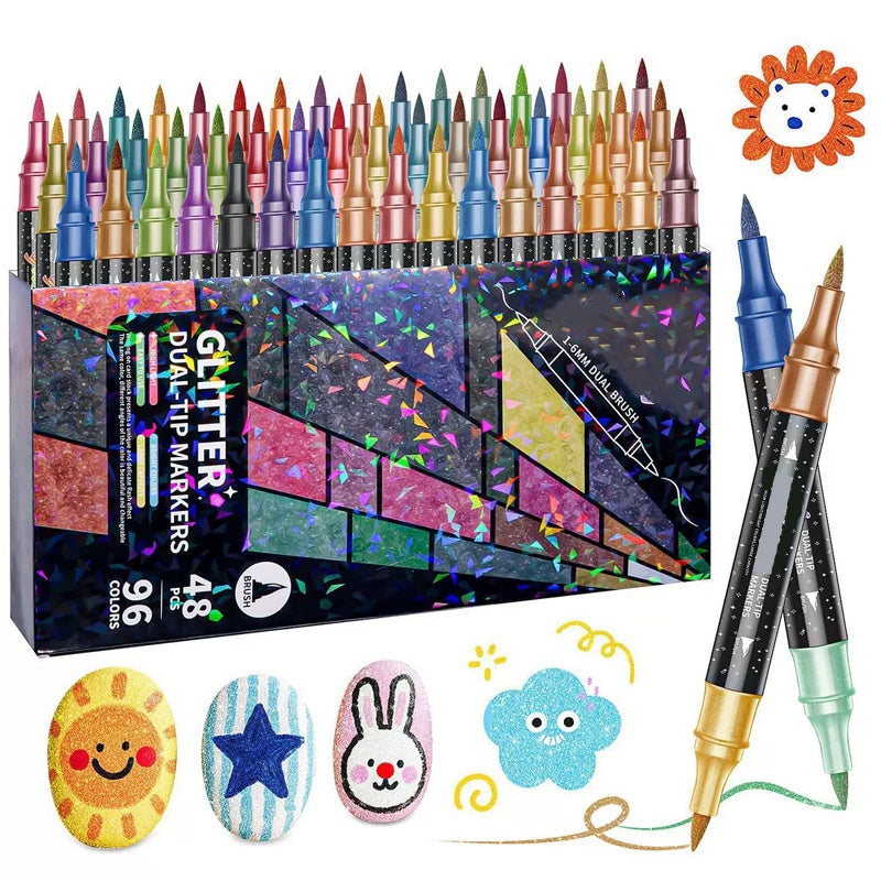 🎨✨ 50% RABATT! | 24-Färgers Dubbeländsglittermarkörset – Pensel & Fin Spets, Levande Glitter & Giftfritt!
