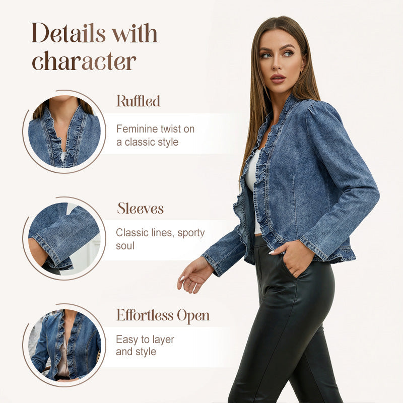 🧥 50% RABATT NU! 🌸 Dam Denimjacka med Volang & Öppen Framsida – Lättviktig & Feminin – Mångsidig & Chic 👗