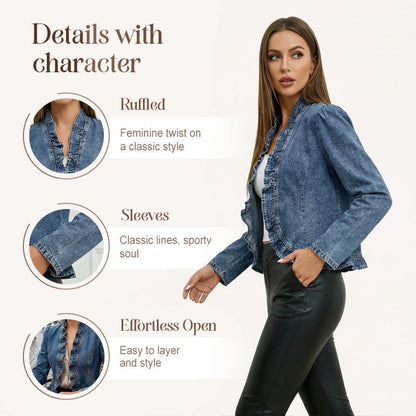 🧥 50% RABATT NU! 🌸 Dam Denimjacka med Volang & Öppen Framsida – Lättviktig & Feminin – Mångsidig & Chic 👗
