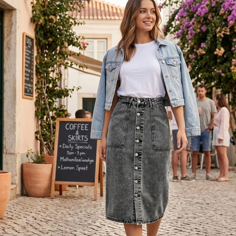 Damkjol i A-linje med hög midja i denim