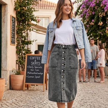 Damkjol i A-linje med hög midja i denim