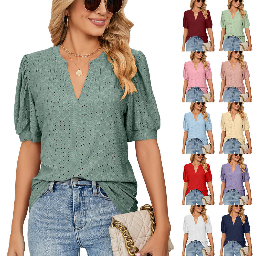 👚 50 % RABATT 🌸 Enfärgad damskjorta med V-ringning och utskärningar – Lätt tyg, flödande design med utskurna detaljer – perfekt för en elegant eller avslappnad look, både på sommaren och på kontoret ✨