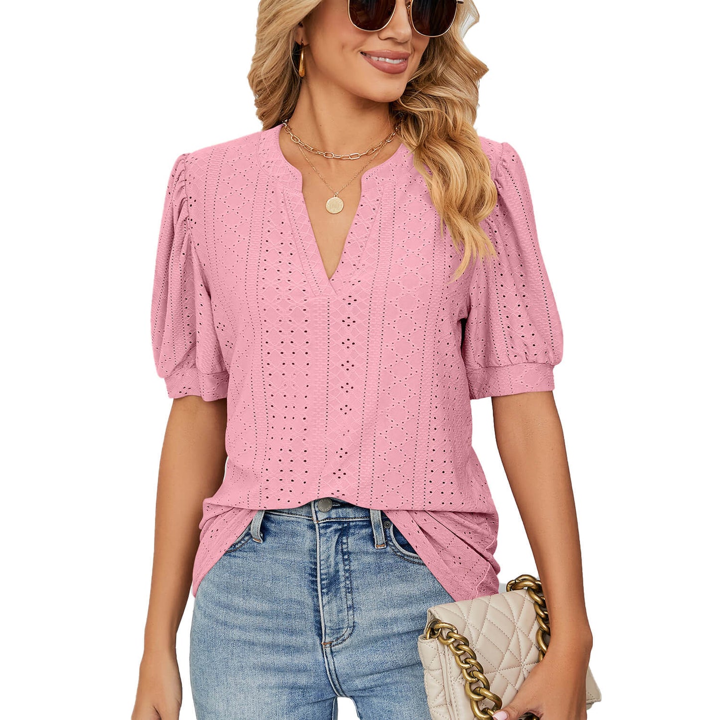 👚 50 % RABATT 🌸 Enfärgad damskjorta med V-ringning och utskärningar – Lätt tyg, flödande design med utskurna detaljer – perfekt för en elegant eller avslappnad look, både på sommaren och på kontoret ✨