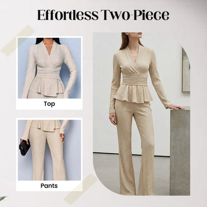 2-delat set med peplum-top och byxor för kvinnor