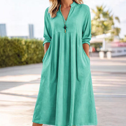 👗 60% RABATT 🌿 | Casual Midi-klänning – V-ringning, Fickor & Empiremidja