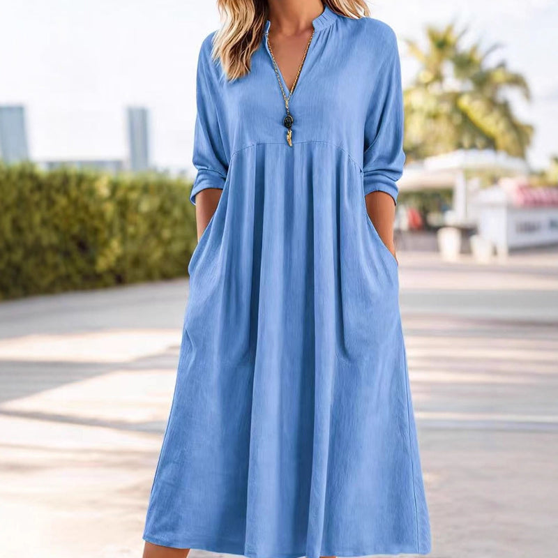 👗 60% RABATT 🌿 | Casual Midi-klänning – V-ringning, Fickor & Empiremidja