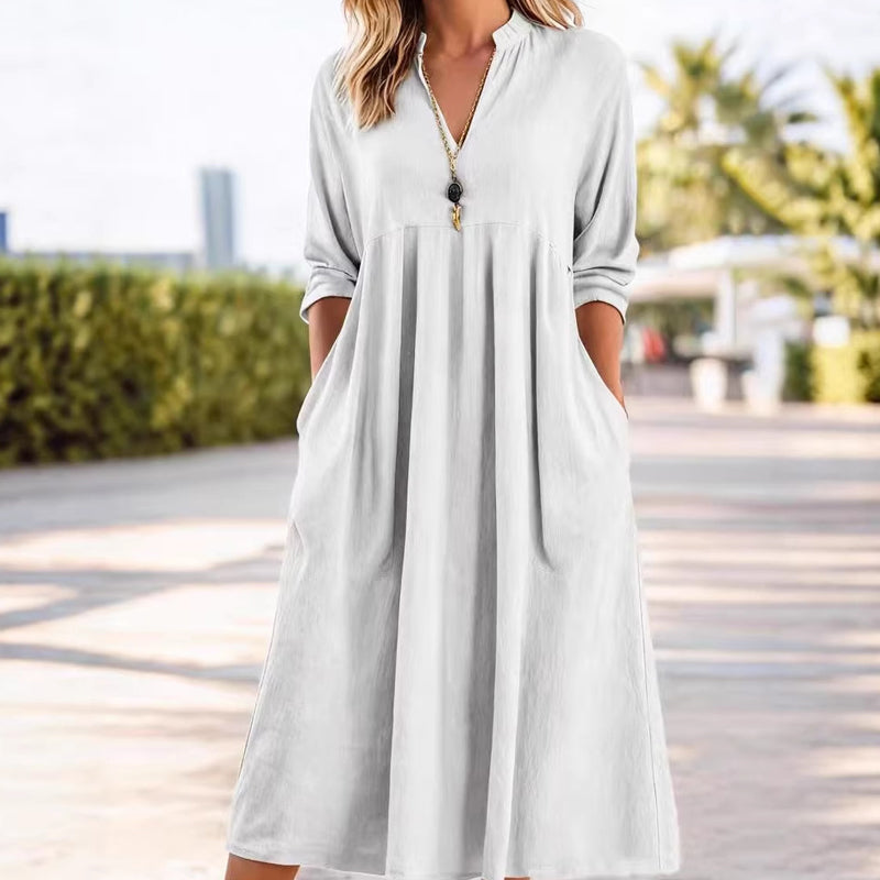 👗 60% RABATT 🌿 | Casual Midi-klänning – V-ringning, Fickor & Empiremidja