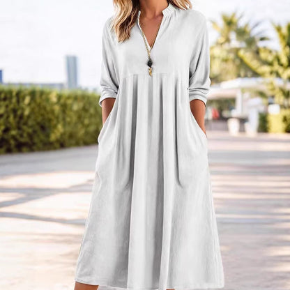 👗 60% RABATT 🌿 | Casual Midi-klänning – V-ringning, Fickor & Empiremidja