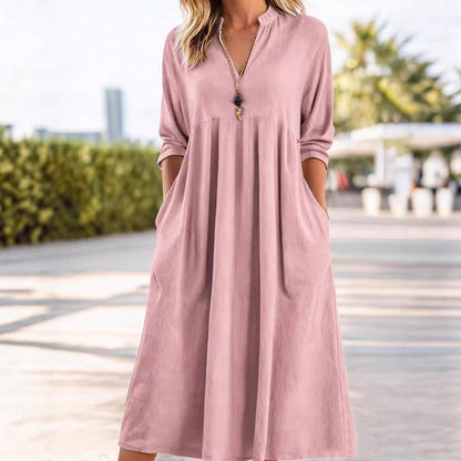 👗 60% RABATT 🌿 | Casual Midi-klänning – V-ringning, Fickor & Empiremidja
