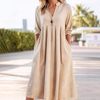 👗 60% RABATT 🌿 | Casual Midi-klänning – V-ringning, Fickor & Empiremidja