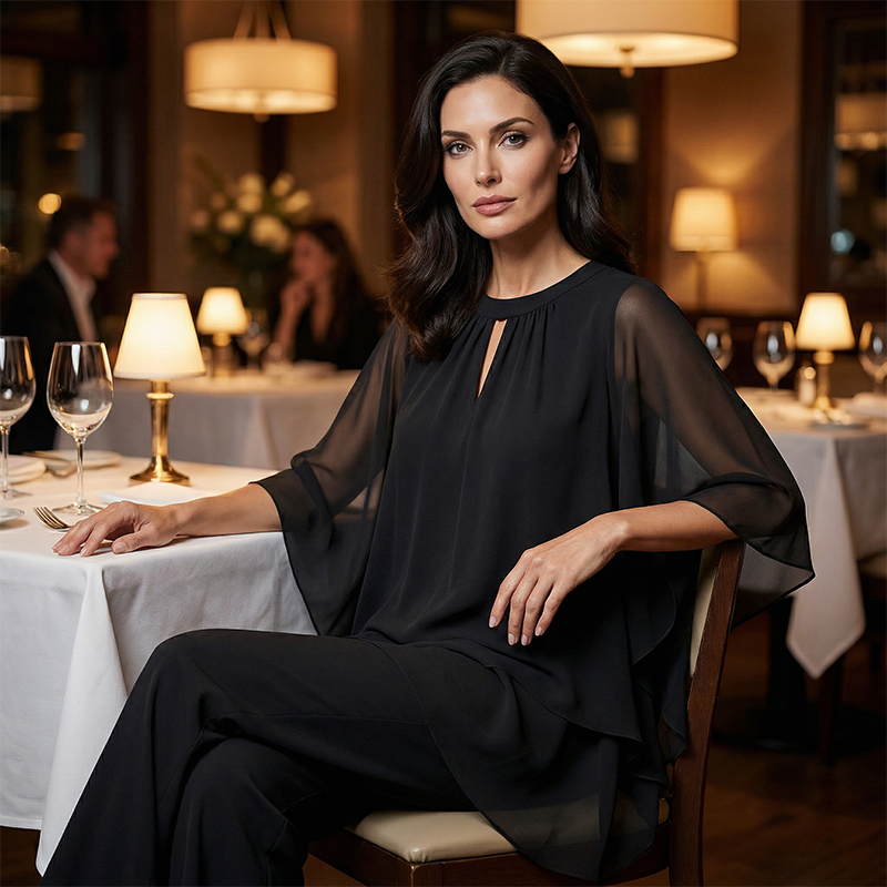 🔥Så länge lagret räcker – 50 % rabatt!🎉Elegant tvådelat set: blus med asymmetrisk fåll och vida byxor