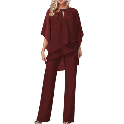 🔥Så länge lagret räcker – 50 % rabatt!🎉Elegant tvådelat set: blus med asymmetrisk fåll och vida byxor