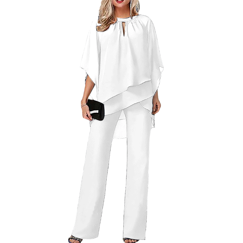 🔥Så länge lagret räcker – 50 % rabatt!🎉Elegant tvådelat set: blus med asymmetrisk fåll och vida byxor